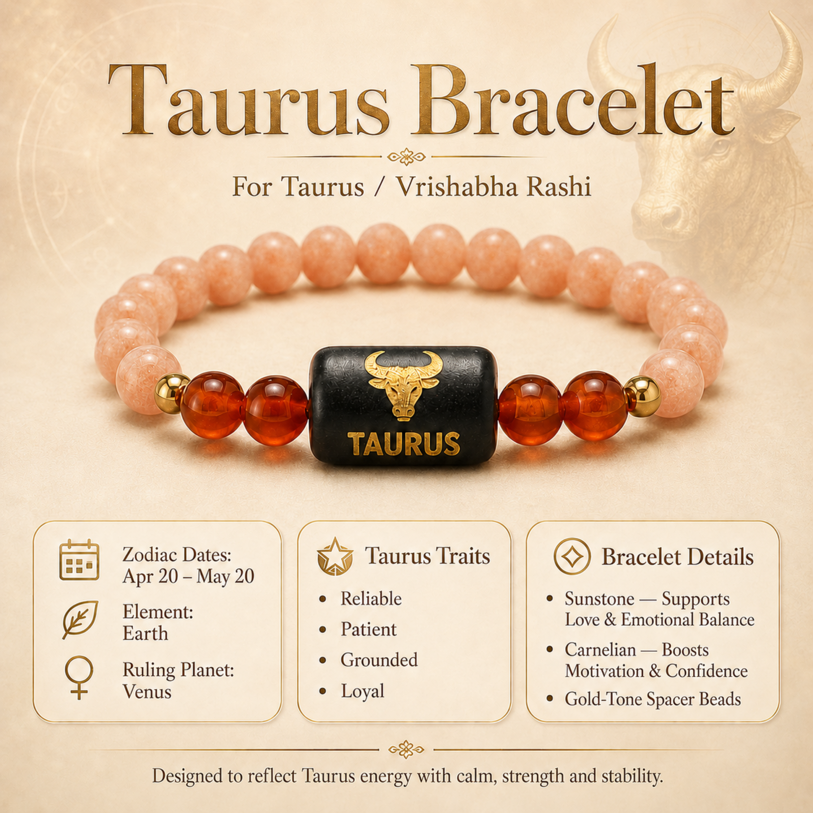 Taurus (वृषभ राशि) Zodiac Sunstone & Carnelian Bracelet