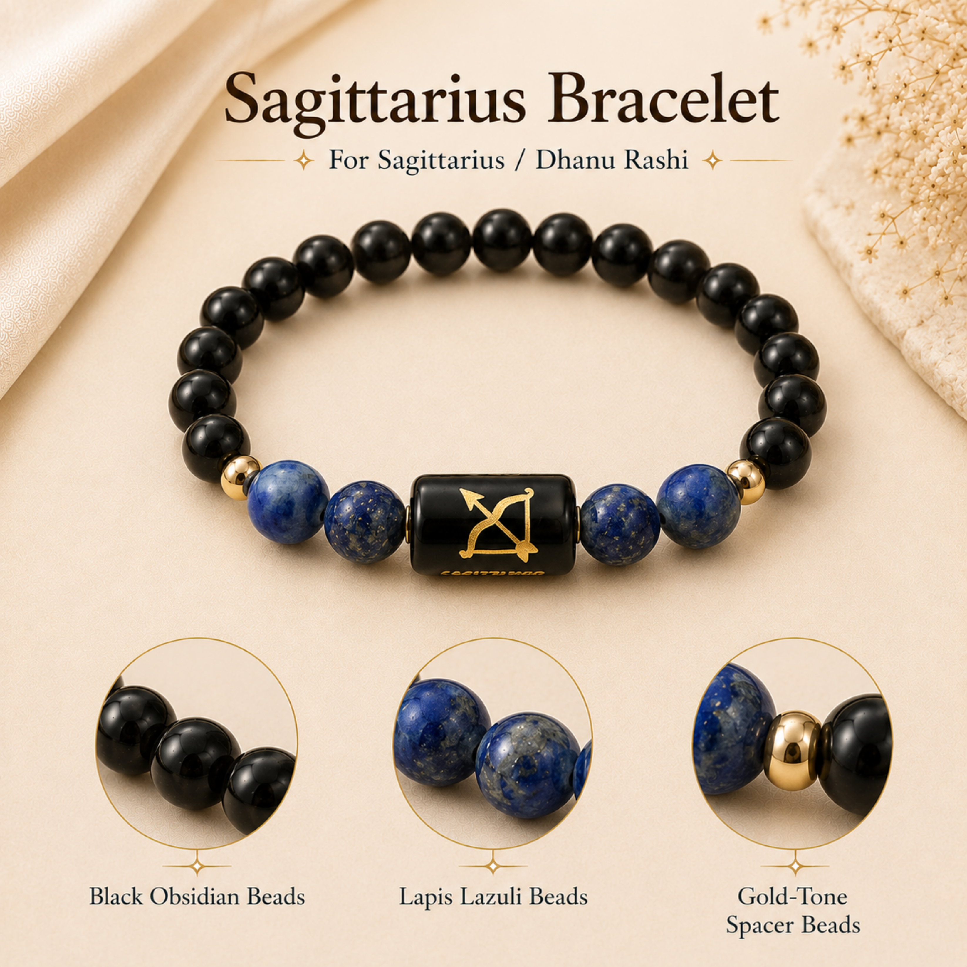 Sagittarius (धनु राशि) Zodiac Black Obsidian & Lapis Lazuli Bracelet