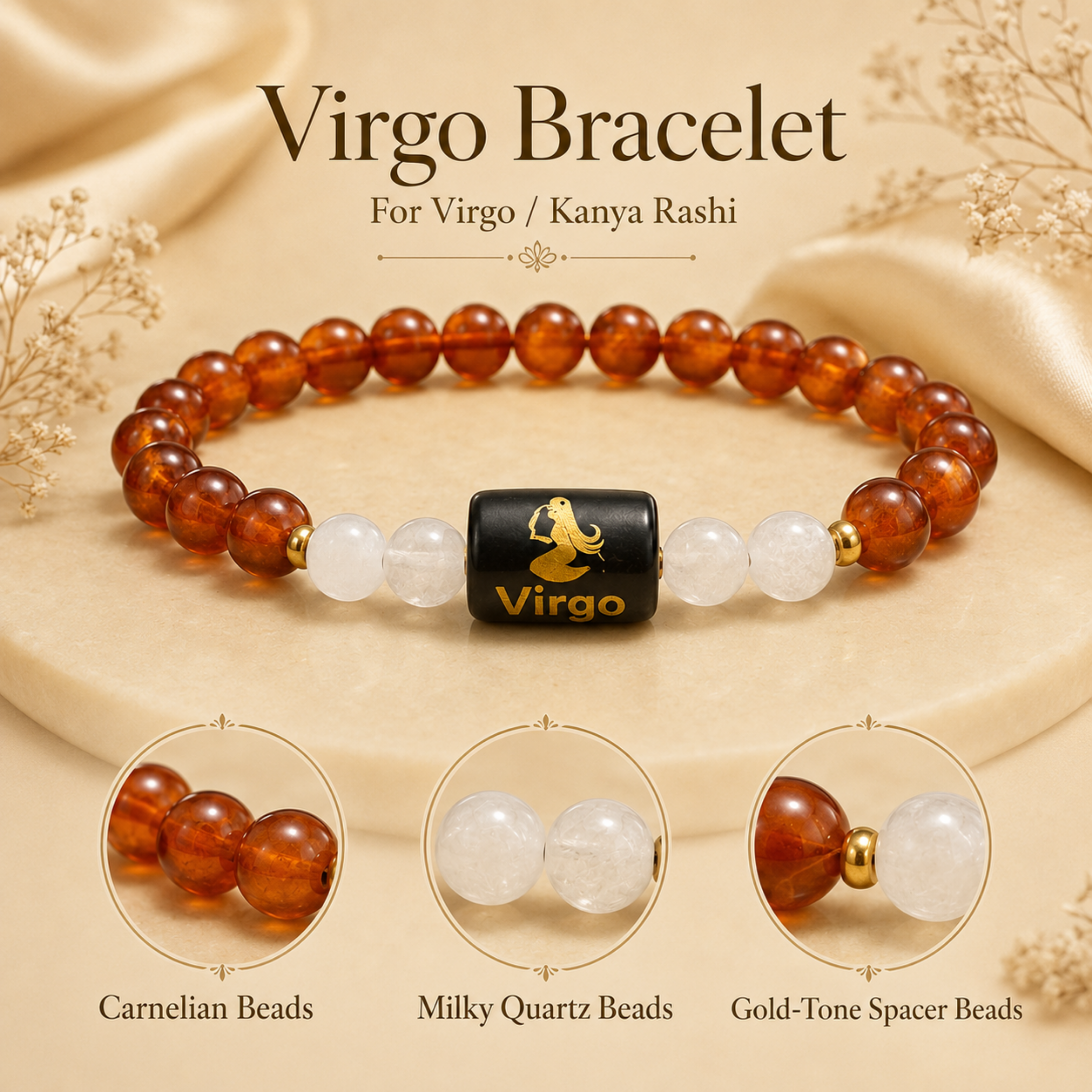 Virgo (कन्या राशि) Zodiac Carnelian & Milky Quartz Bracelet