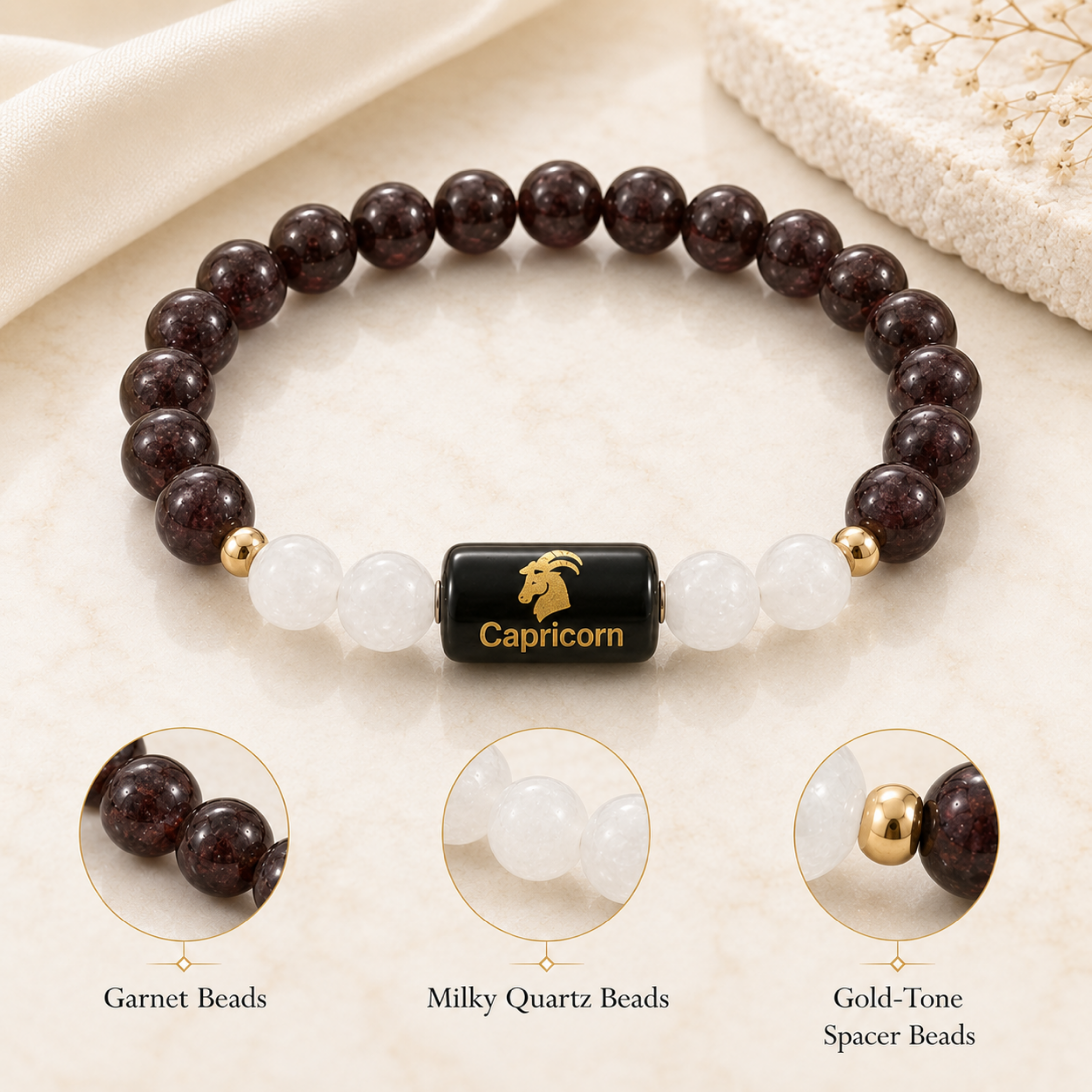 Capricorn (मकर राशि) Zodiac Garnet & Milky Quartz Bracelet