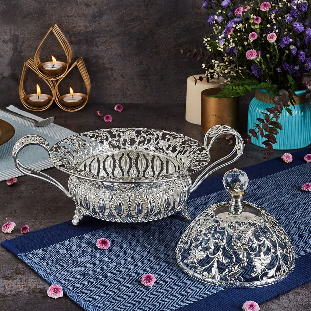 Luxury Silver Bowl with Lid - German Silver (8.5 Inches)