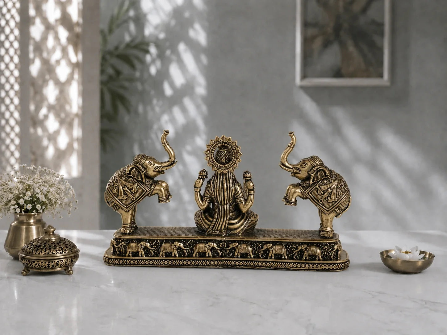 Brass Gaja Lakshmi Murti with Elephant Pair (4.3 Inch)
