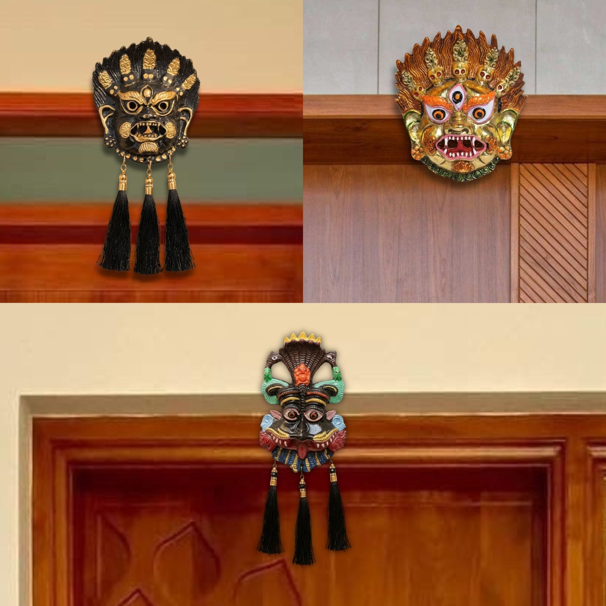 Narsingh Kirtimukh Divine Combo (Set of 3) ā Black Tassel & Golden Glow Protection Decor