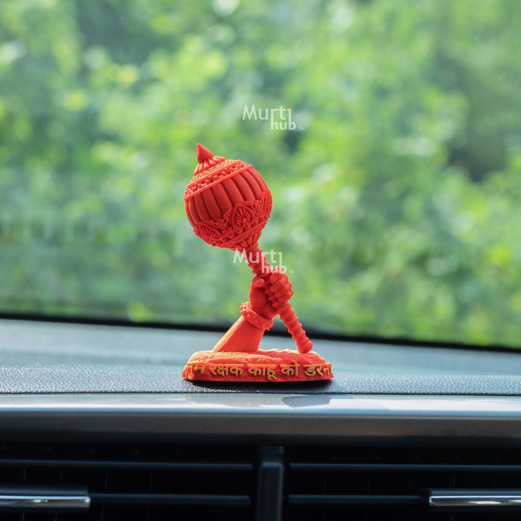 Hanuman Ji’s Gada — “Tum Rakshak Kahu Ko Darna” | Hand-Painted Idol for Car Dashboard