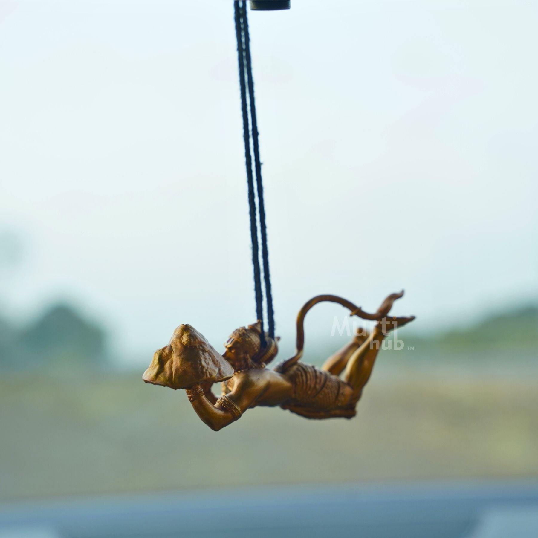 Sanjivani Hanuman in Action — Antique Gold | Flying Bajrangbali Idol for Car Dashboard