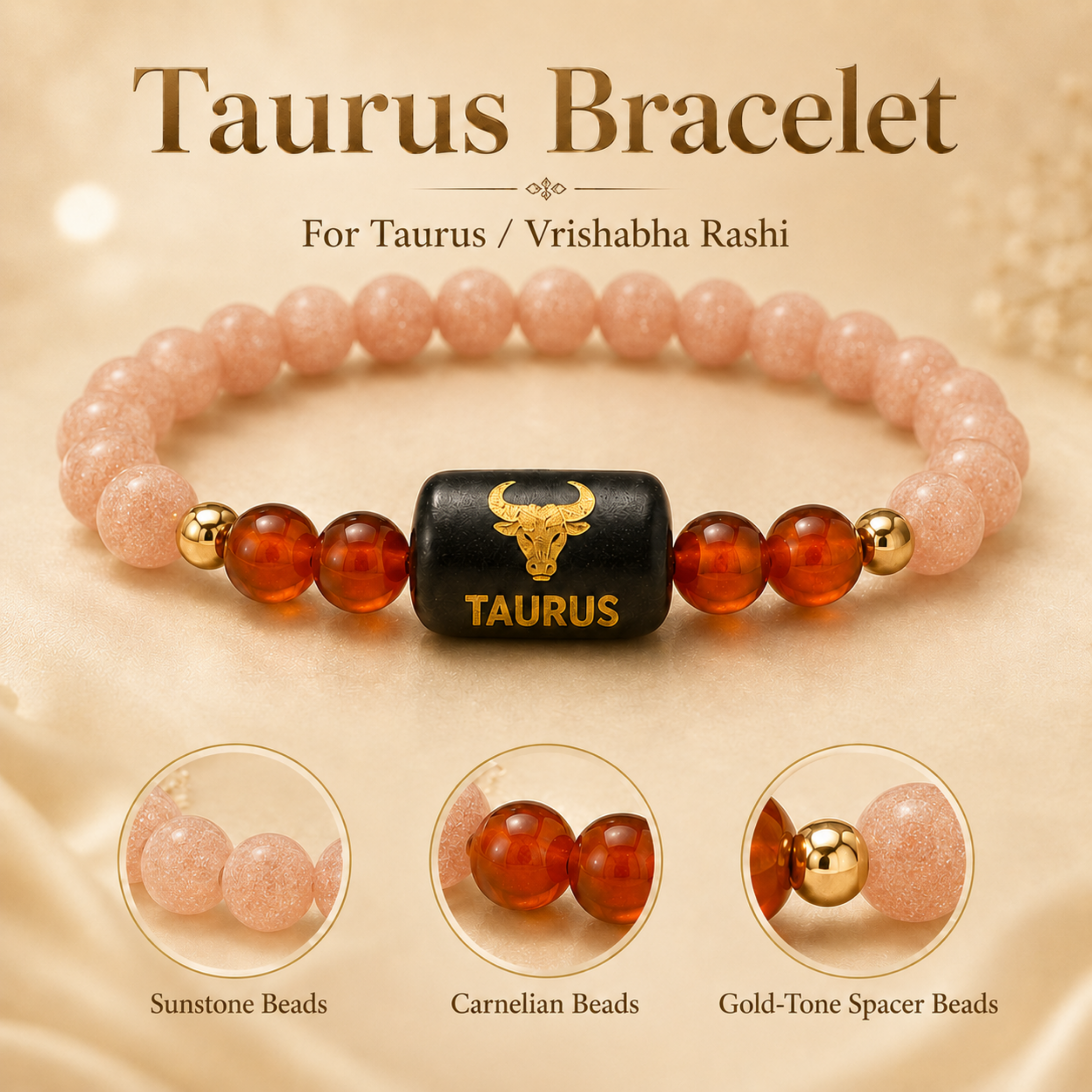 Taurus (वृषभ राशि) Zodiac Sunstone & Carnelian Bracelet