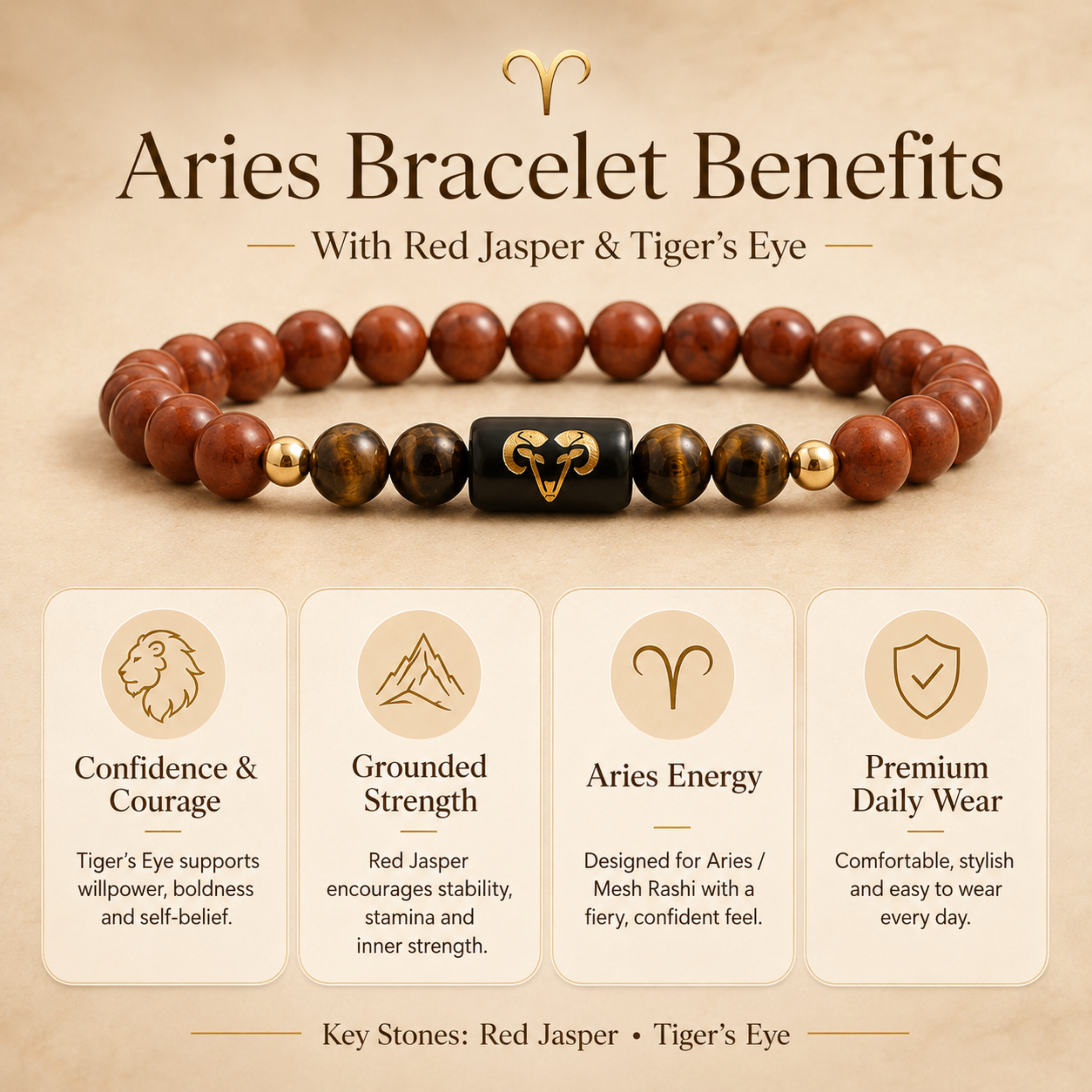 Aries (मेष राशि) Zodiac Red Jasper & Tiger's Eye Bracelet