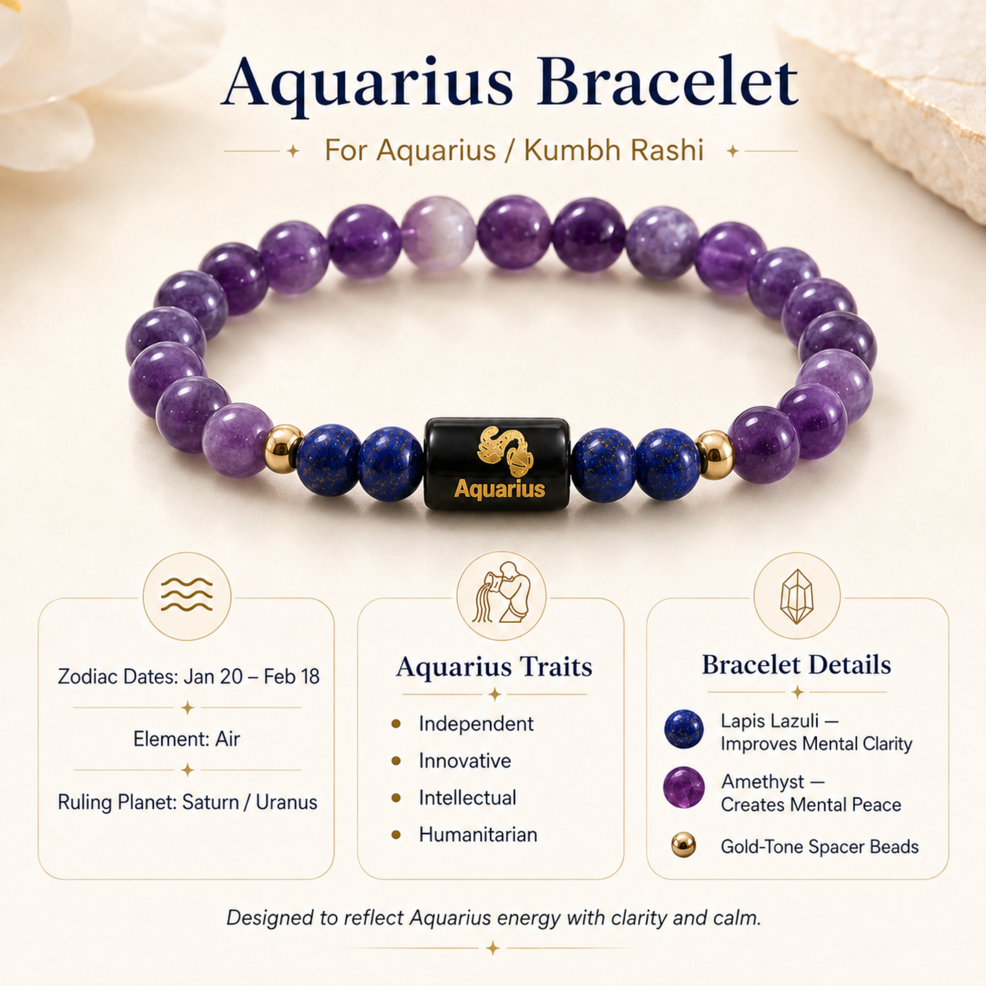 Aquarius (कुंभ राशि) Zodiac Amethyst & Blue Stone Bracelet
