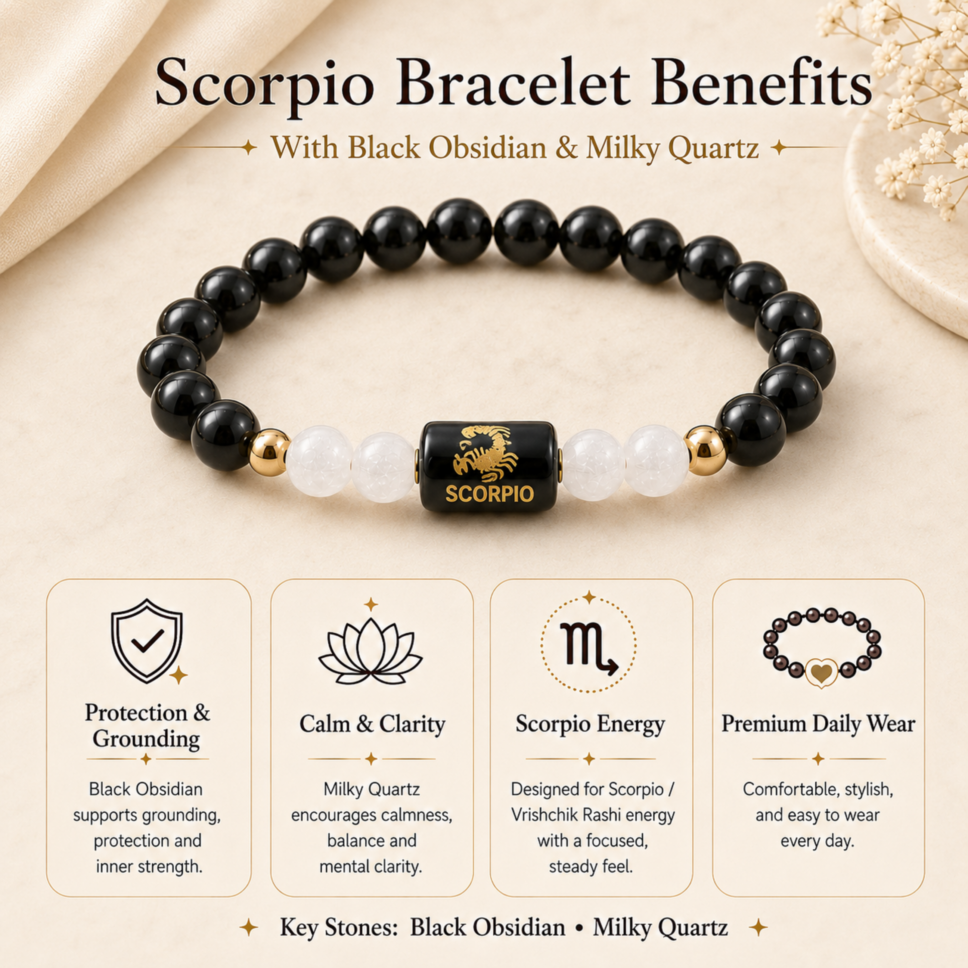 Scorpio (वृश्चिक राशि) Zodiac Black Obsidian & Milky Quartz Bracelet