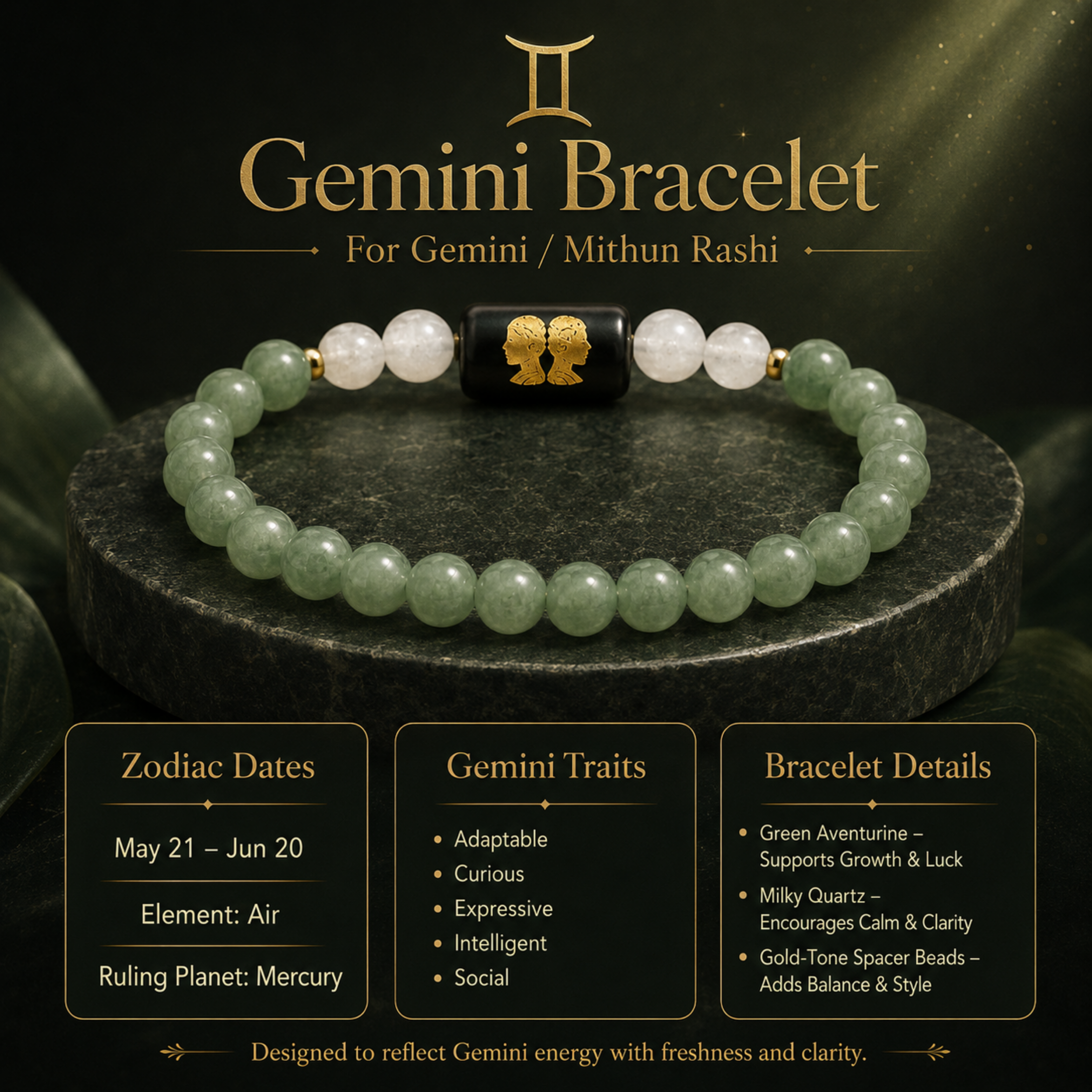 Gemini (मिथुन राशि) Zodiac Green Aventurine & Milky Quartz Bracelet