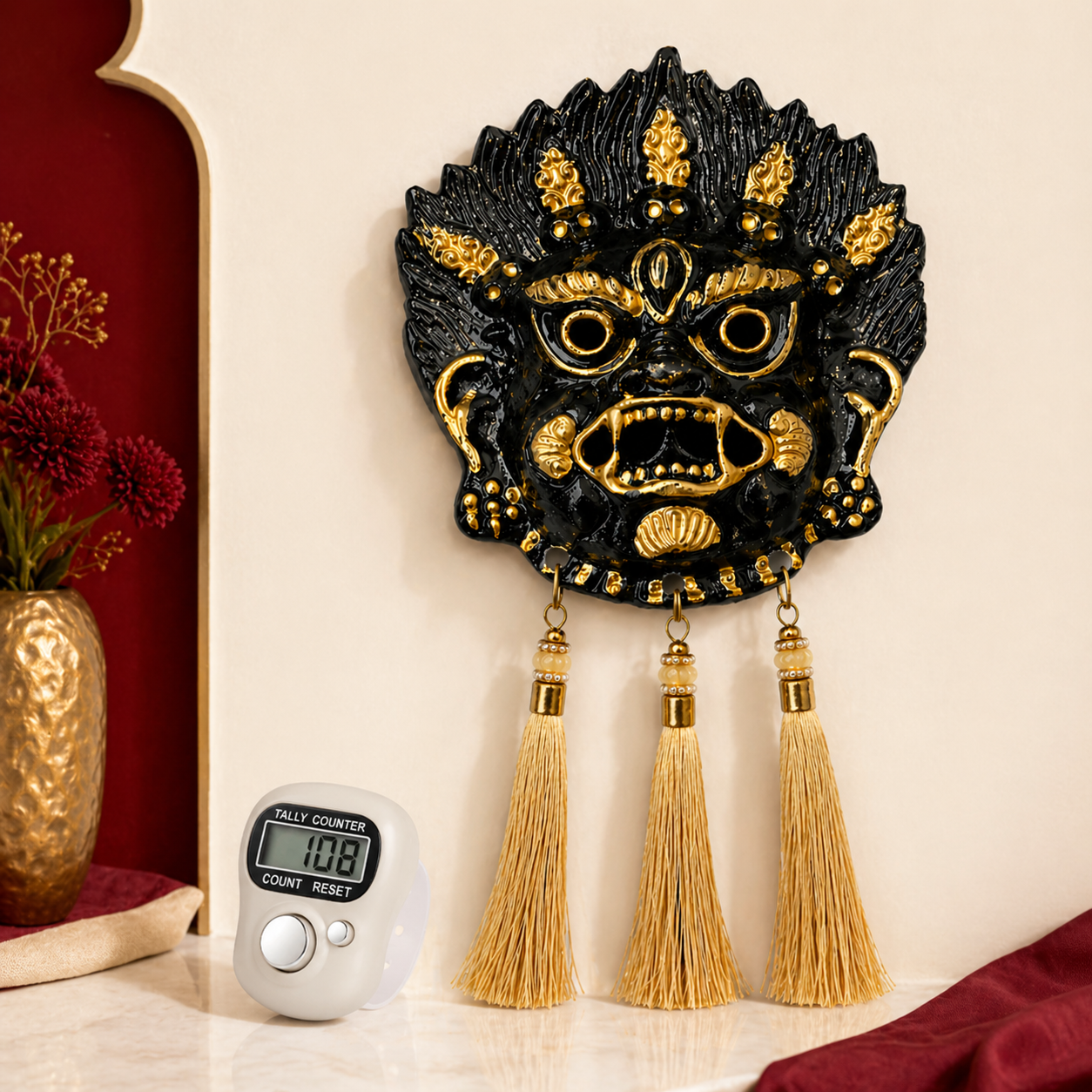 Kirtimukh  Wall Decor || Black With Tassel | Free Jaap Counter