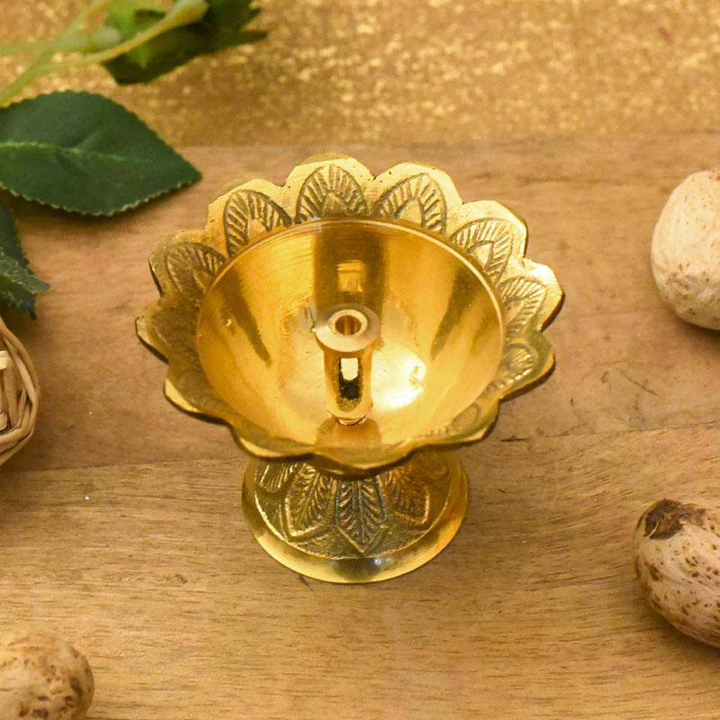 Traditional Handcrafted Brass Floral Diya with Floral Carvings
