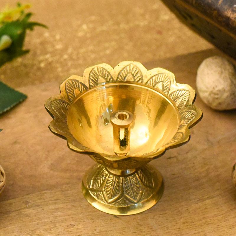 Traditional Handcrafted Brass Floral Diya with Floral Carvings