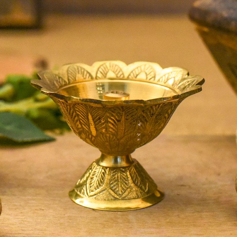 Traditional Handcrafted Brass Floral Diya with Floral Carvings
