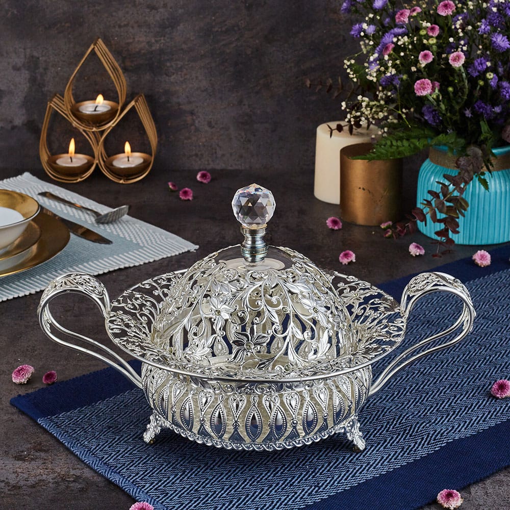 Luxury Silver Bowl with Lid - German Silver (8.5 Inches)