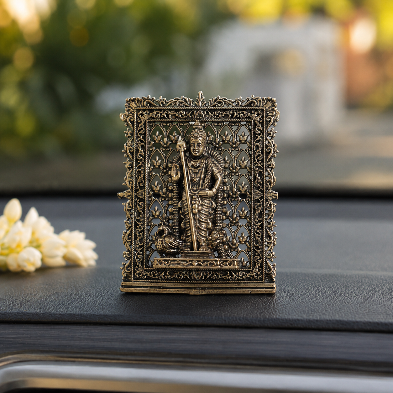 Brass Framed Murugan Idol for Car Dashboard (3 Inch)