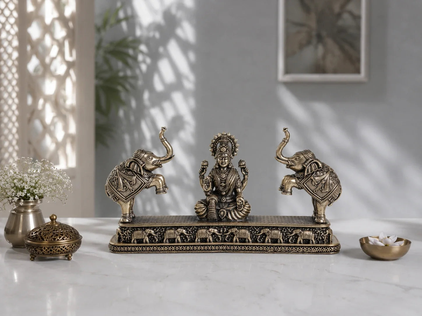 Brass Gaja Lakshmi Murti with Elephant Pair (4.3 Inch)