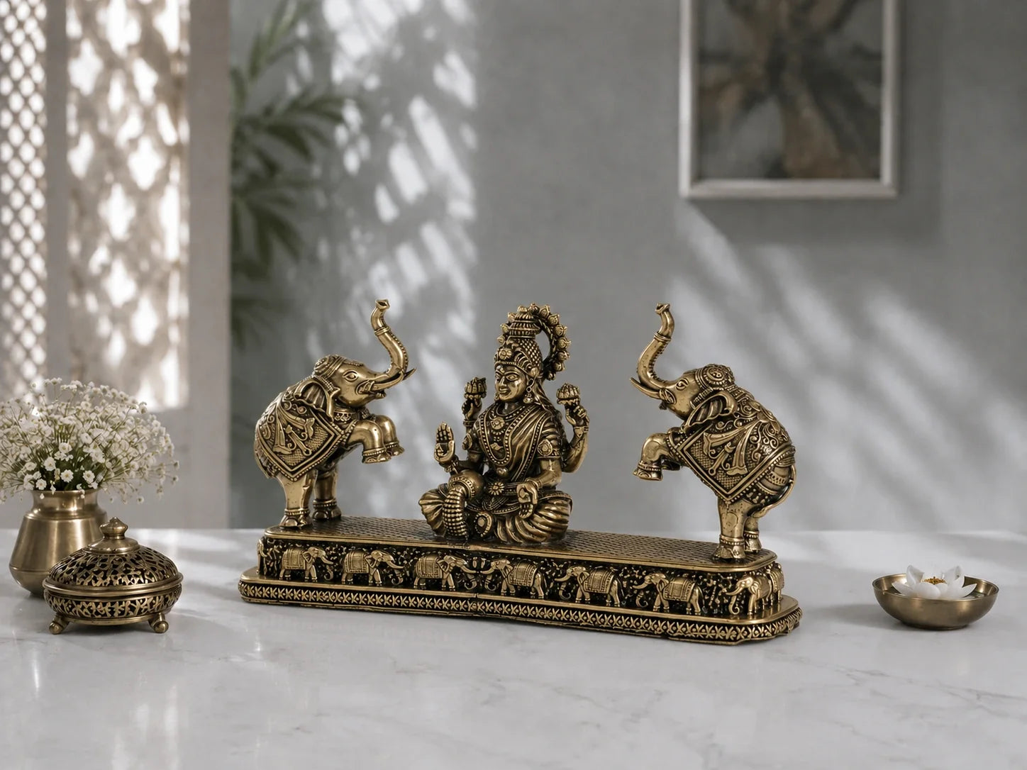 Brass Gaja Lakshmi Murti with Elephant Pair (4.3 Inch)