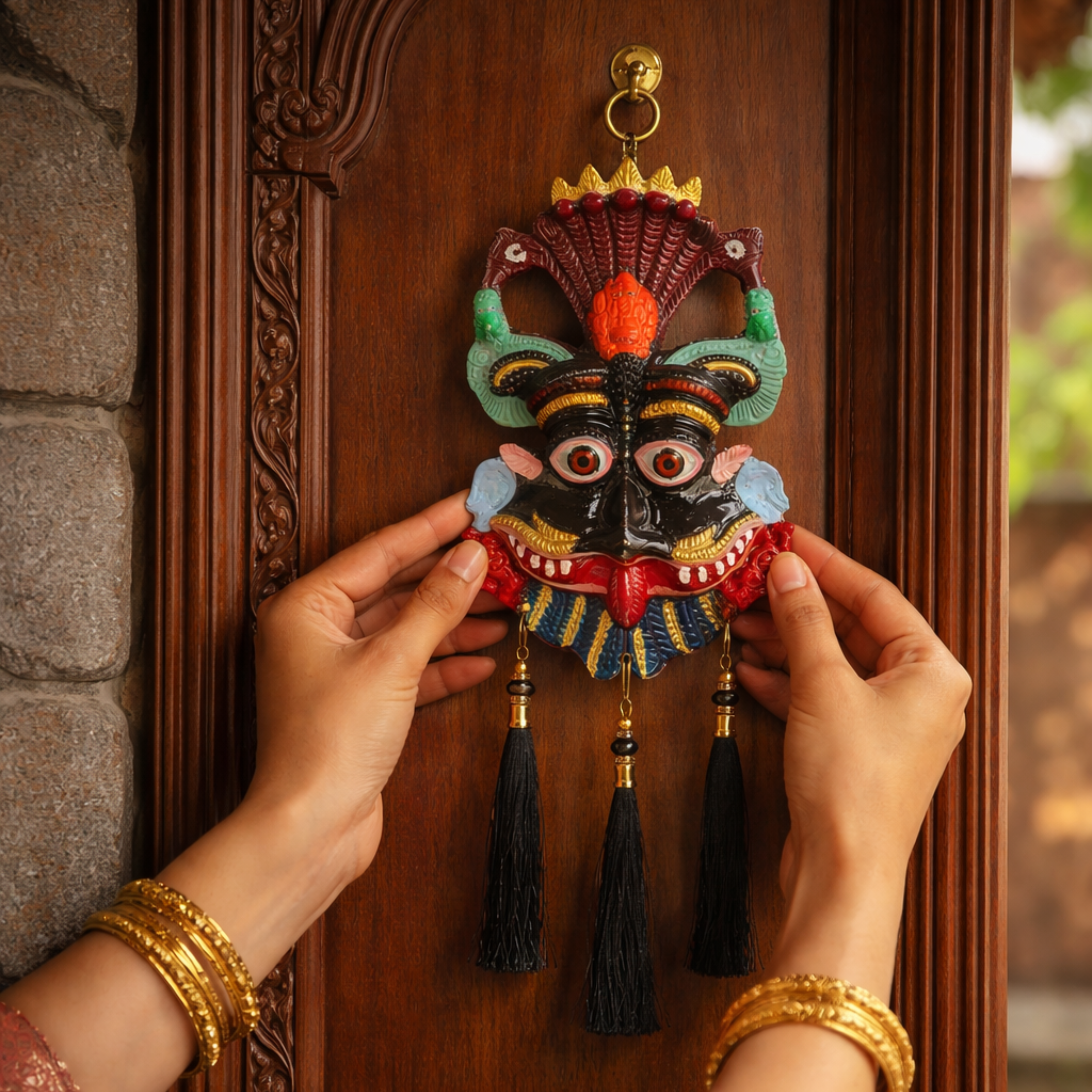 Kirtimukh Wall Hanging || NAZARBATTU |Narsingh face| Black Multicolour | With Tassel