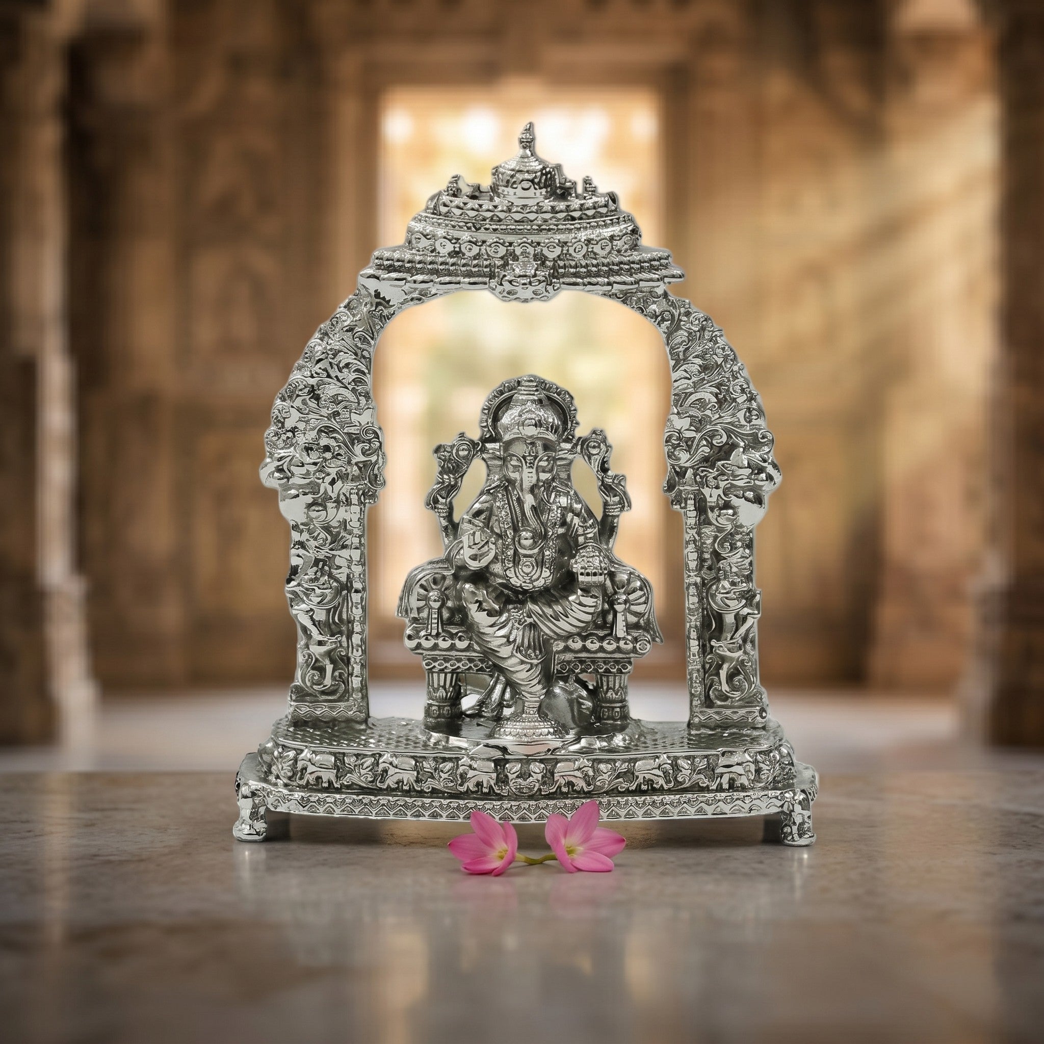 Divine Lord Ganesha Idol with Ornate Arch – Handcrafted Vighnaharta Murti for Pooja & Gifting